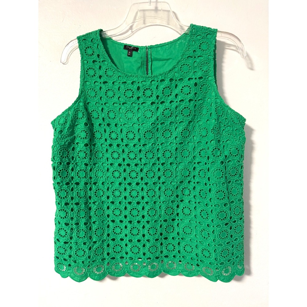 Talbots Petites Kelly Green Eyelet Sleeveless Shell Top Blouse Scalloped Hem 16P